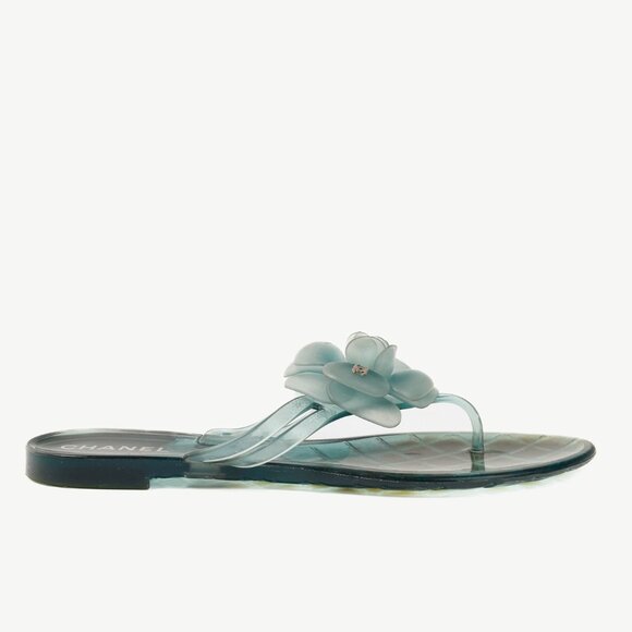 Chanel Green Metallic Jelly Camellia Thong Sandals - Picture 2 of 9